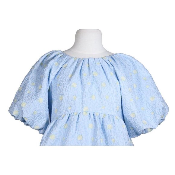 English Factory Women's XS Blue Empire Waist Top Jacquard Floral Puff Sleeves - Picture 2 of 8